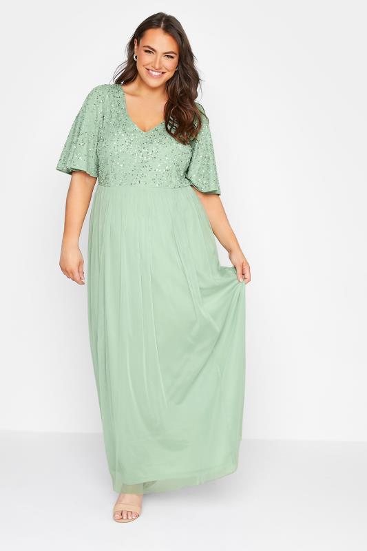 LUXE Curve Sage Green Sequin Hand Embellished Maxi Dress 3