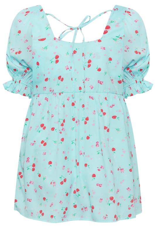YOURS Plus Size Curve Blue Cherry Print Peplum Top | Yours Clothing  9
