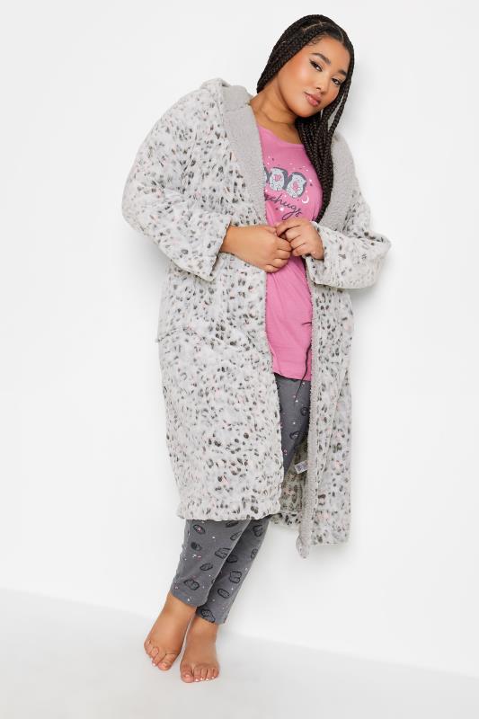 Yours Plus Size Light Grey Animal Print Hooded Dressing Gown | Yours Clothing 3