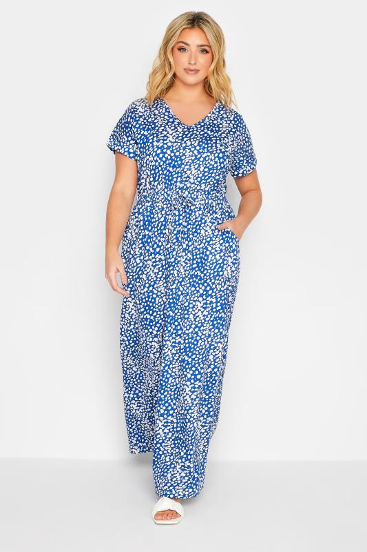 YOURS Plus Size Cobalt Blue Animal Print Maxi T-Shirt Dress | Yours Clothing 1