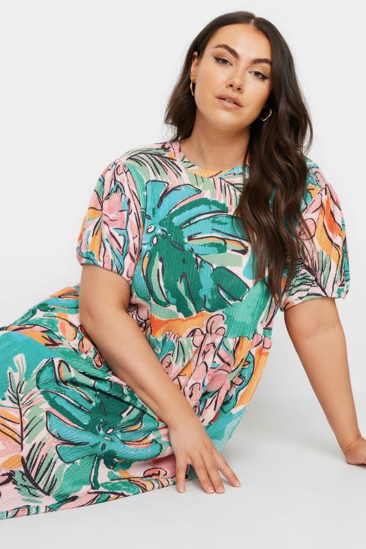 YOURS Plus Size Blue Leaf Print Crinkle Smock Dress | Yours Clothing 4