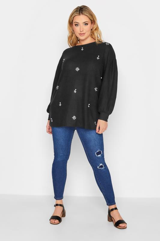 YOURS LUXURY Curve Black Pearl & Stud Embellished Soft Touch Puff Sleeve Top | Yours Clothing 2
