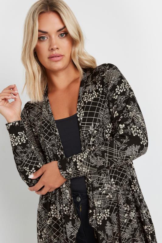 YOURS Plus Size Black Abstract Floral Print Waterfall Cardigan | Yours Clothing 4