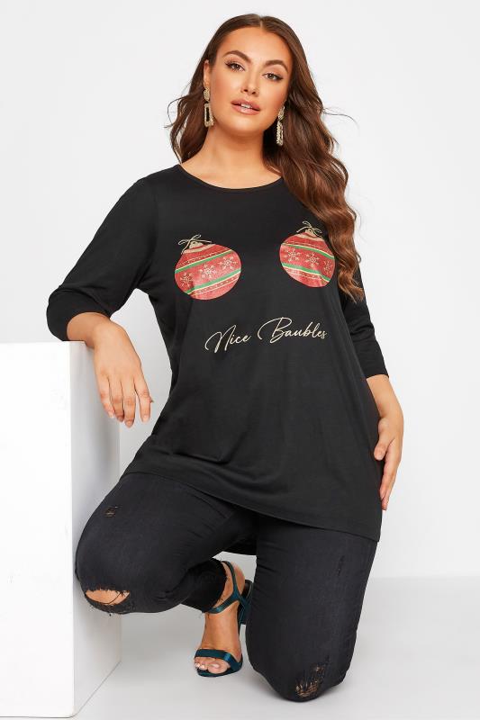 Plus Size Black 'Nice Baubles' Christmas Slogan T-shirt | Yours Clothing 2