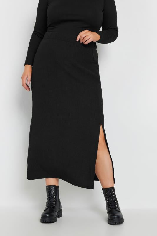 YOURS Plus Size Black Textured Side Split Maxi Skirt Yours Clothing