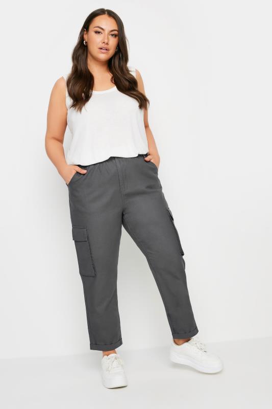 YOURS Plus Size Charcoal Grey Paperbag Utility Trousers | Yours Clothing 2