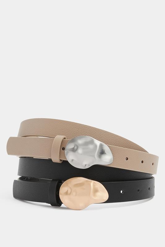  YOURSET 2 PACK Black & Taupe Brown Hammered Detail Belts