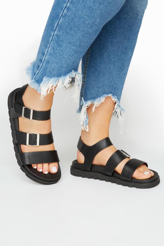 LIMITED COLLECTION Black Footbed Buckle Sandals In Extra Wide Fit | Yours Clothing 1
