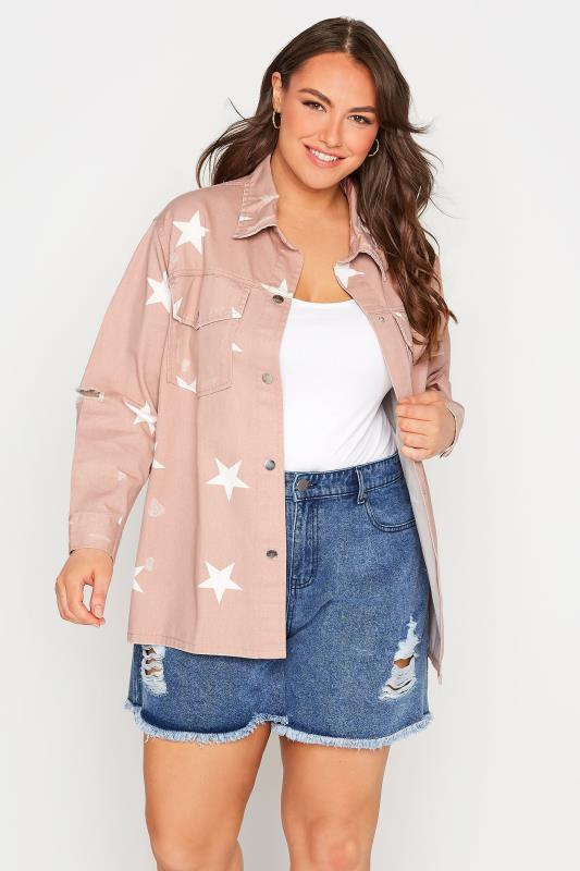 Plus Size  Curve Pink Star Print Western Style Distressed Denim Jacket