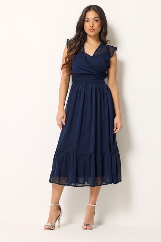 PixieGirl Petite Women's Navy Blue Dobby Maxi Dress | PixieGirl 1