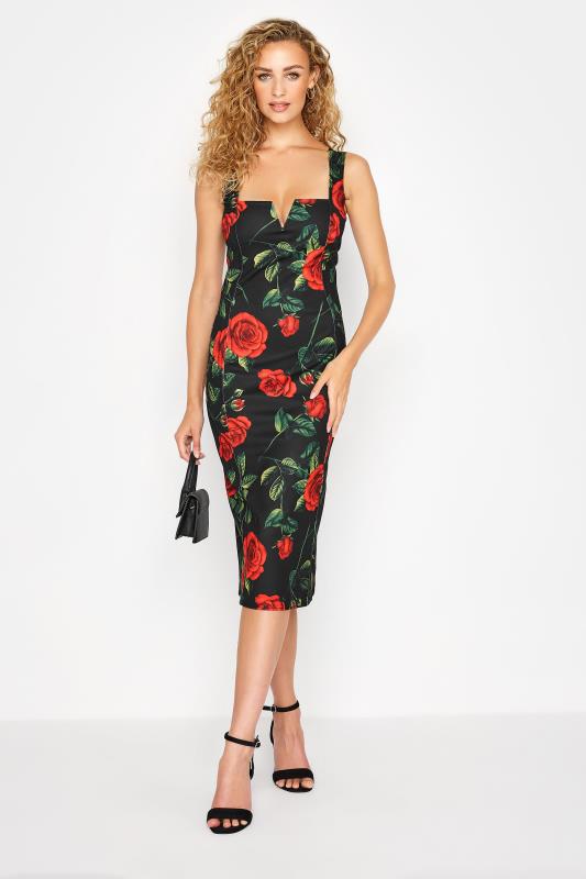 LTS Tall Black Rose Print Scuba Notch Neck Midi Dress 2