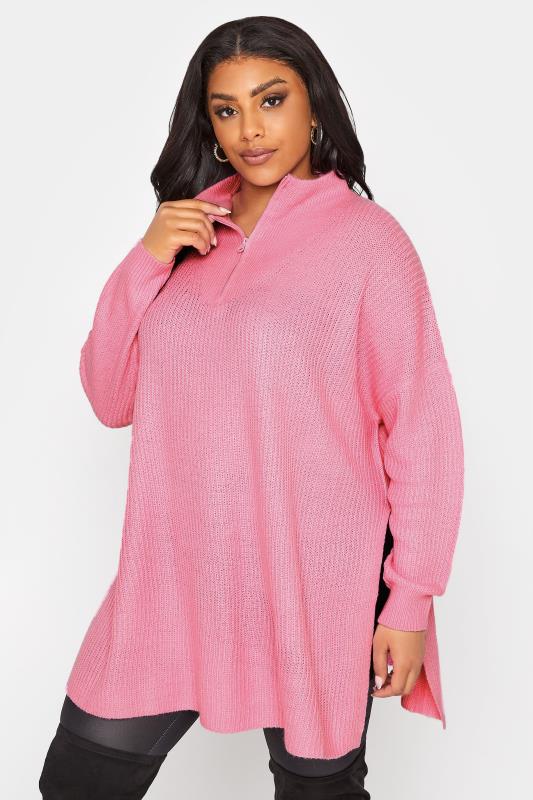 Plus Size  Pink Quarter Zip Knitted Jumper