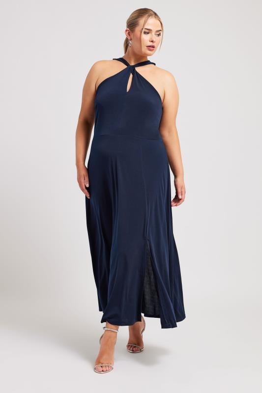YOURS LONDON Plus Size Navy Blue Twist Halter Neck Maxi Dress | Yours Clothing 2