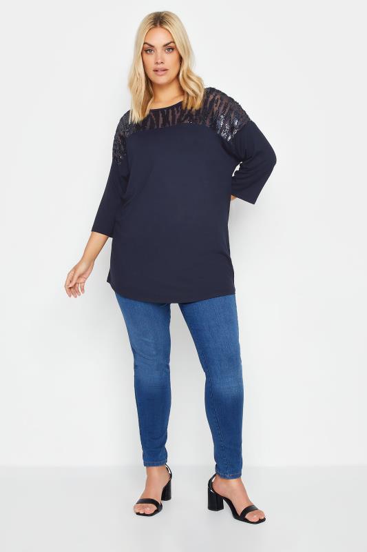 YOURS Plus Size Blue Sequin Embellished Mesh Top | Yours Clothing 2