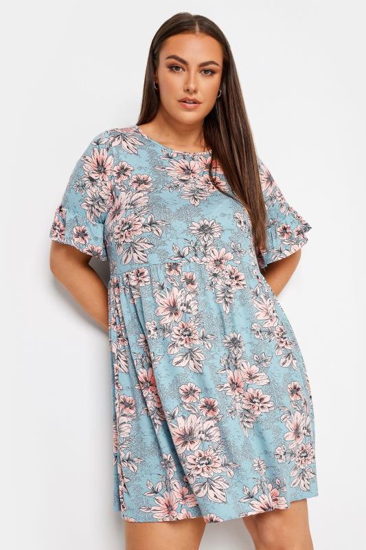 YOURS Plus Size Blue Floral Print Smock Tunic Dress | Yours Clothing 1