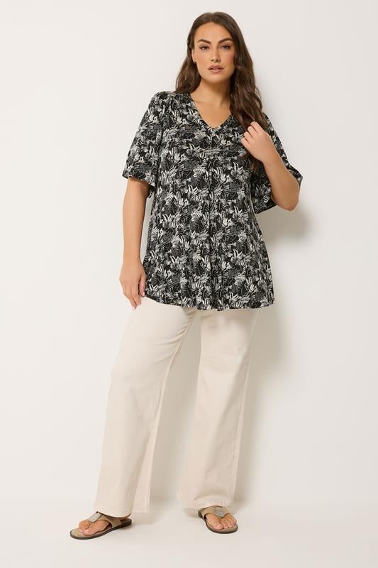 YOURS Plus Size  Black Palm Leaf Pleat Front Top | Yours Clothing 1