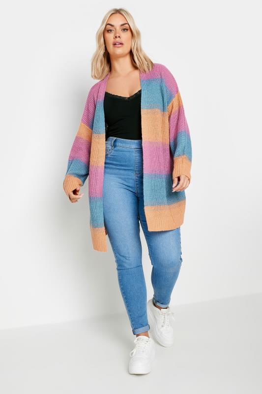 YOURS Plus Size Pink & Blue Ombre Stripe Knitted Cardigan | Yours Clothing 2