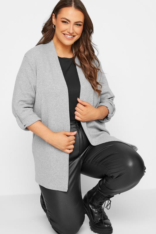 Plus Size Grey Ribbed Roll Tab Cardigan | Yours Clothing 4