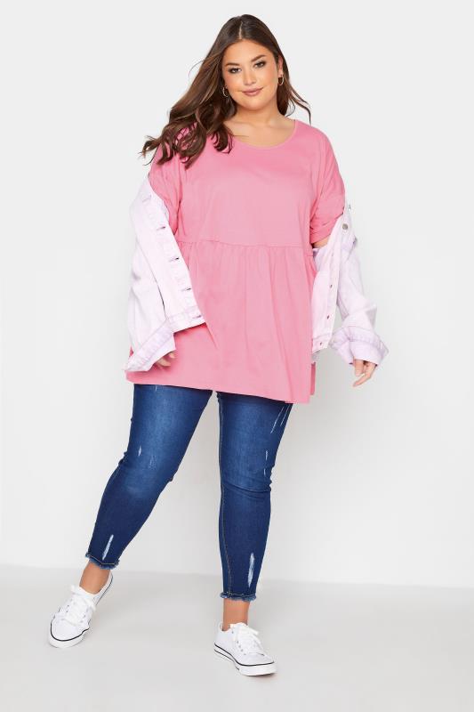 Plus Size Bright Pink Drop Shoulder Peplum Top | Yours Clothing  2
