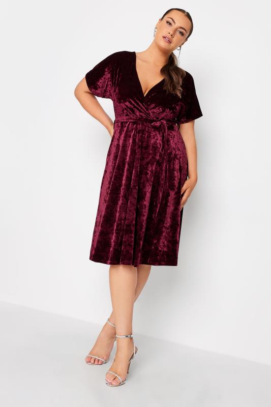 YOURS LONDON Plus Size Wine Red Velvet Wrap Skater Dress | Yours Clothing 2