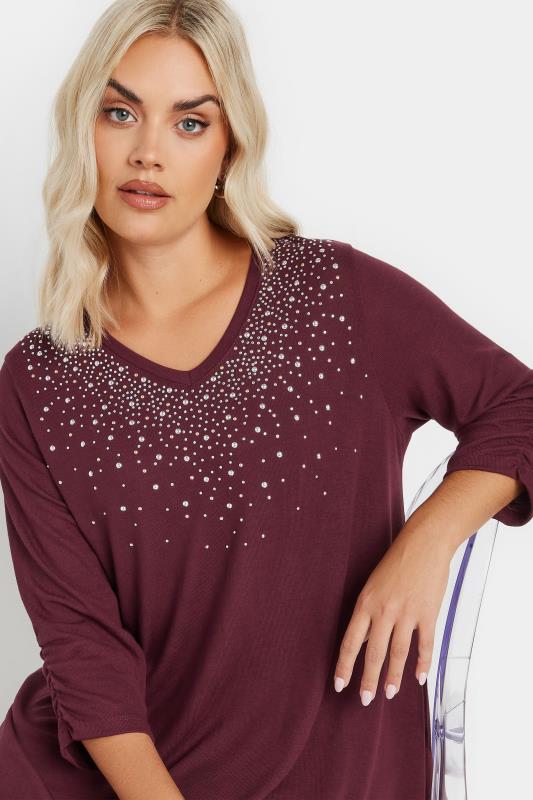 YOURS Plus Size Burgundy Red Diamante Stud Swing Top | Yours Clothing  4