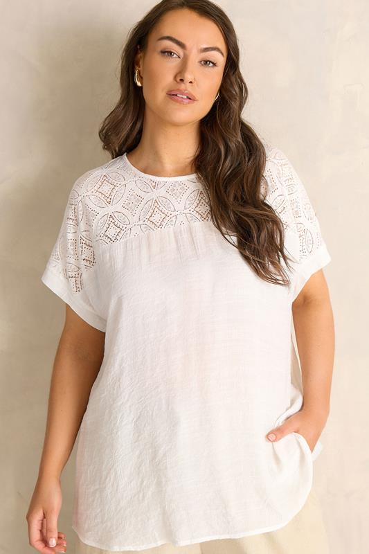  EVANS Curve White Lace Detail Short Sleeve Top