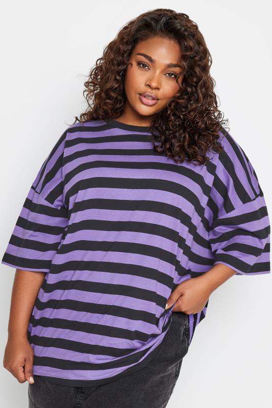 LIMITED COLLECTION Curve Purple & Black Stripe Boxy T-Shirt | Yours Clothing  1