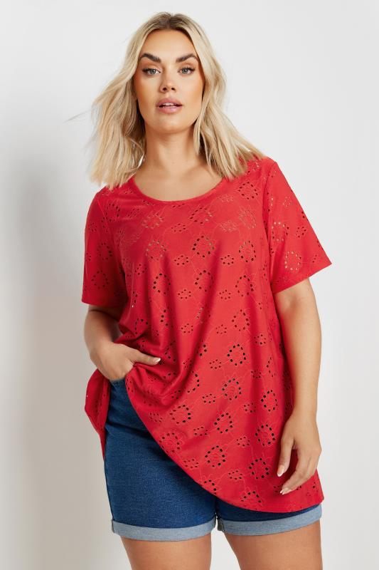 YOURS Plus Size Red Broderie Anglaise Swing T-Shirt | Yours Clothing 1