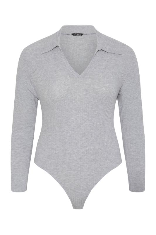 LIMITED COLLECTION Plus Size Grey Marl Ribbed Rugby Collar Bodysuit | Yours Clothing 5