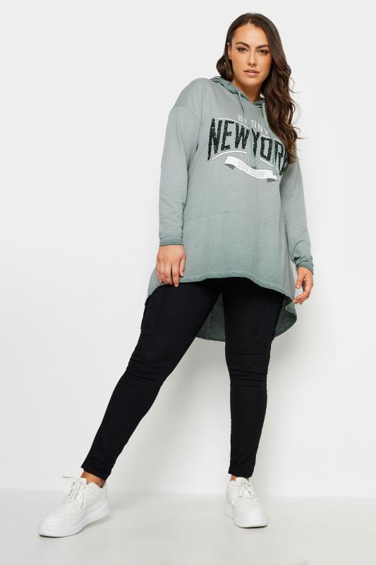 YOURS Plus Size Grey 'New York' Slogan Acid Wash Hoodie | Yours Clothing 2