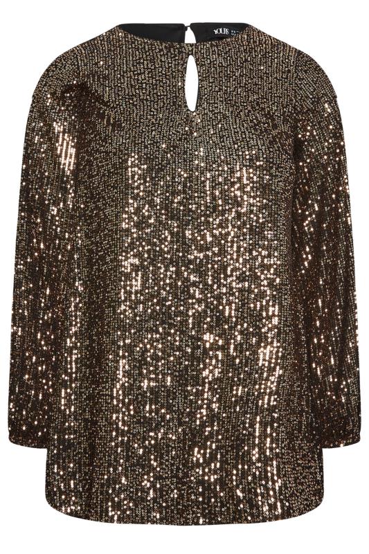 YOURS LONDON Plus Size Gold Sequin Keyhole Long Sleeve Top | Yours Clothing 6