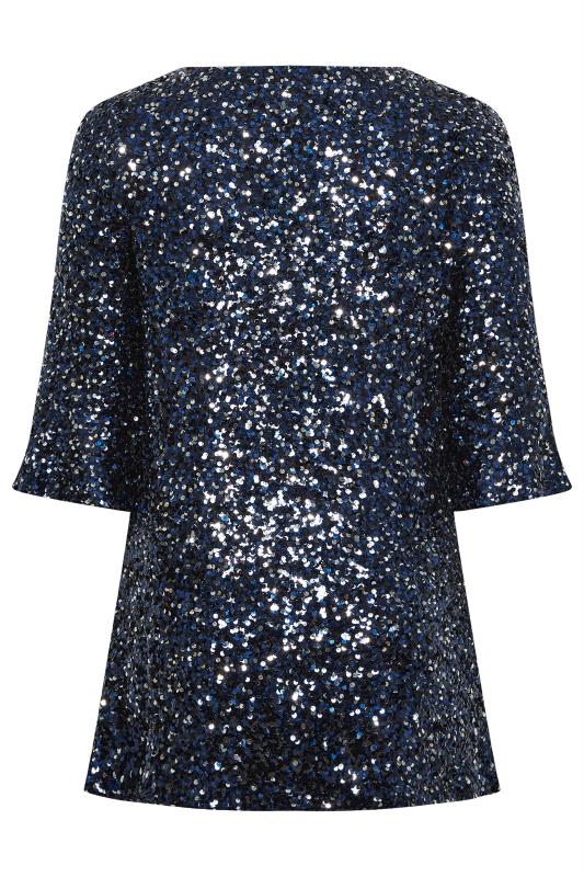 YOURS LONDON Plus Size Dark Blue Sequin Flute Sleeve Top | Yours Clothing 8
