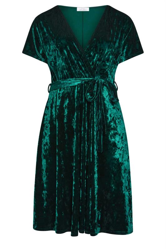 YOURS LONDON Plus Size Emerald Green Velvet Wrap Skater Dress | Yours Clothing 6