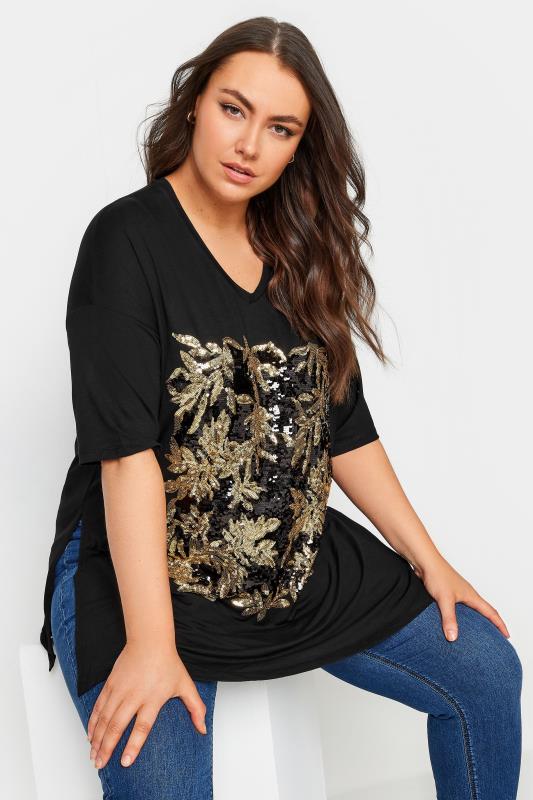 YOURS Plus Size Black Sequin Embellished Design T-Shirt | Yours Clothing 1