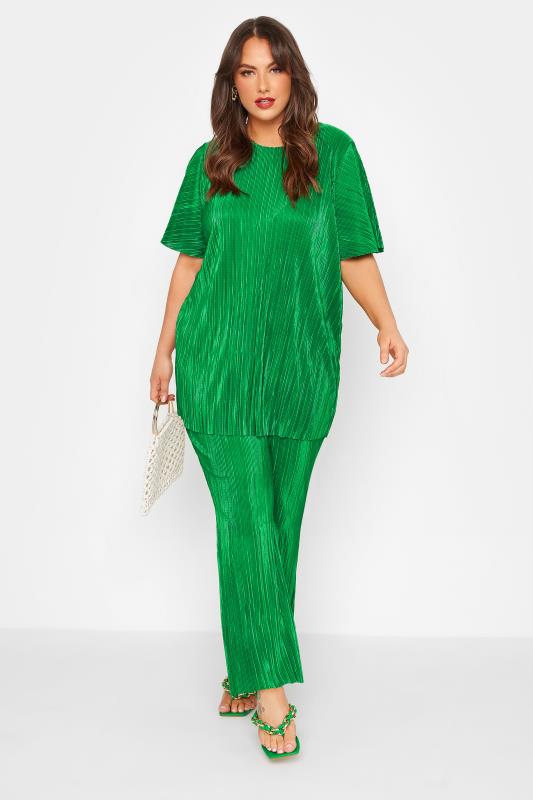 LIMITED COLLECTION Curve Bright Green Plisse Kick Flare Trousers_B.jpg