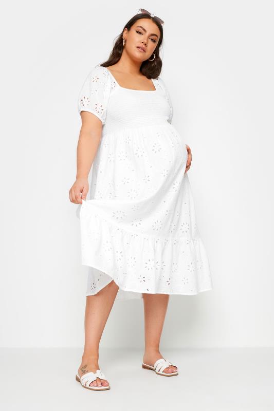 BUMP IT UP MATERNITY Plus Size White Broderie Anglaise Midi Dress | Yours Clothing 3