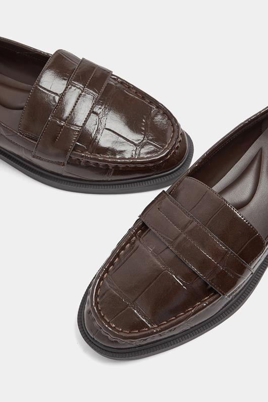 Chocolate Brown Croc Embossed Loafers In Wide E Fit | Yours Clothing 4