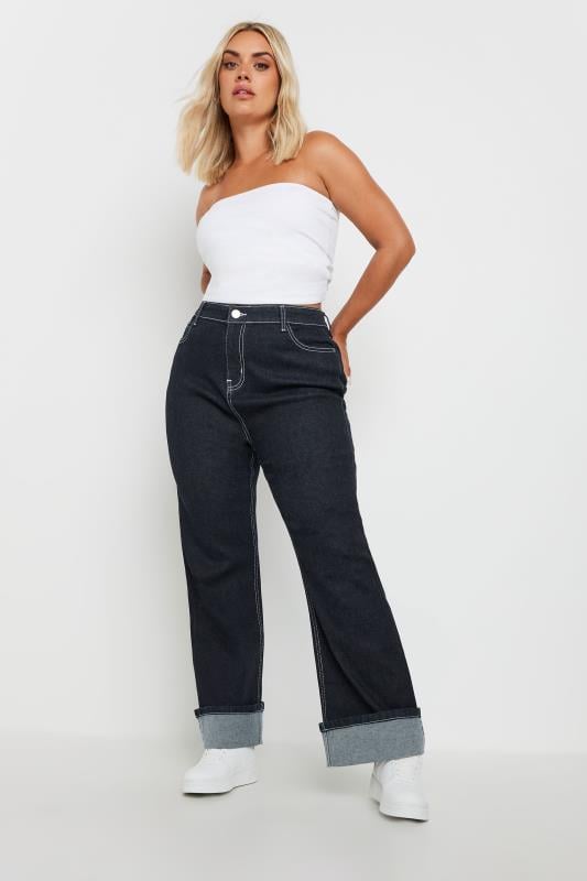 YOURS Plus Size Indigo Blue Wide Leg Turn Up Jeans | Yours Clothing  3