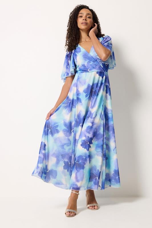 M&Co Blue Floral Print Mesh Maxi Wrap Dress | M&Co 1