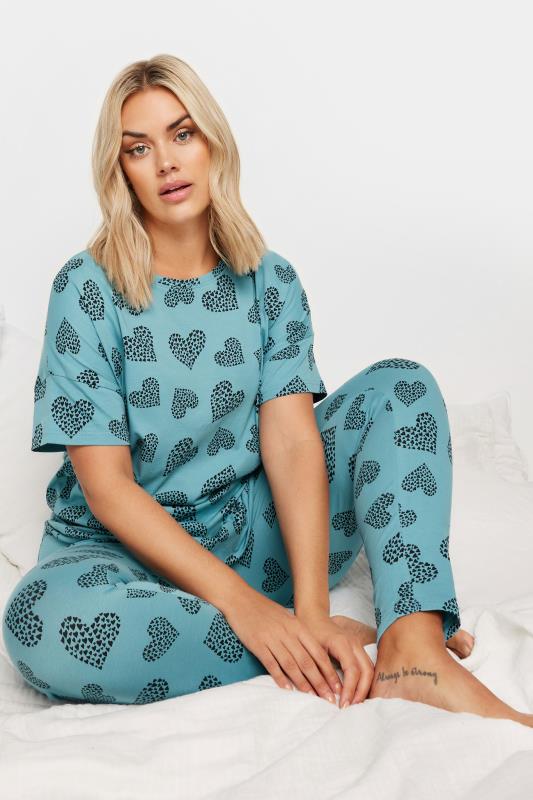 YOURS Plus Size Blue Cluster Heart Print Pyjama Set | Yours Clothing 1