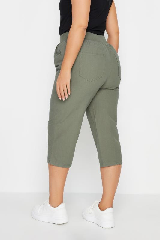 YOURS Plus Size Khaki Green Elasticated Cool Cotton Cropped Trousers | Yours Clothing 3