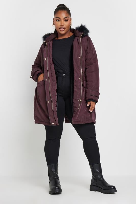 YOURS Plus Size Wine Red Faux Fur Trim Parka Jacket | Yours Clothing 2