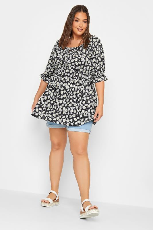 YOURS Plus Size Black Floral Shirred Gypsy Top | Yours Clothing 2