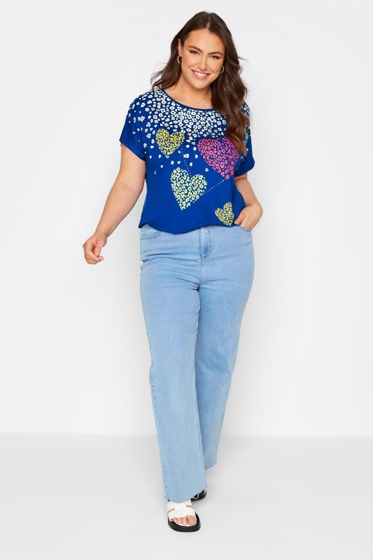 Plus Size Blue Leopard Heart Printed T-shirt | Yours Clothing 2