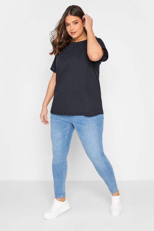 YOURS Plus Size Navy Blue Broderie Anglaise Raglan T-Shirt | Yours Clothing 2
