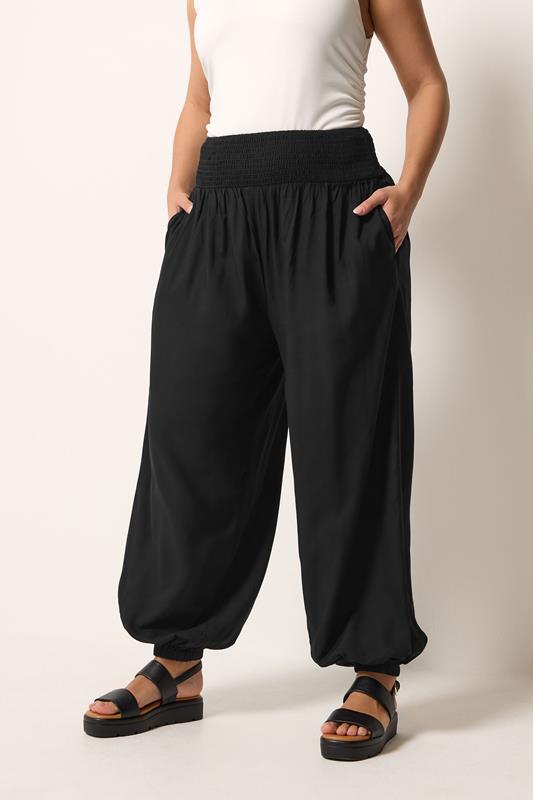  YOURS Pantalon harem noir à taille smockée