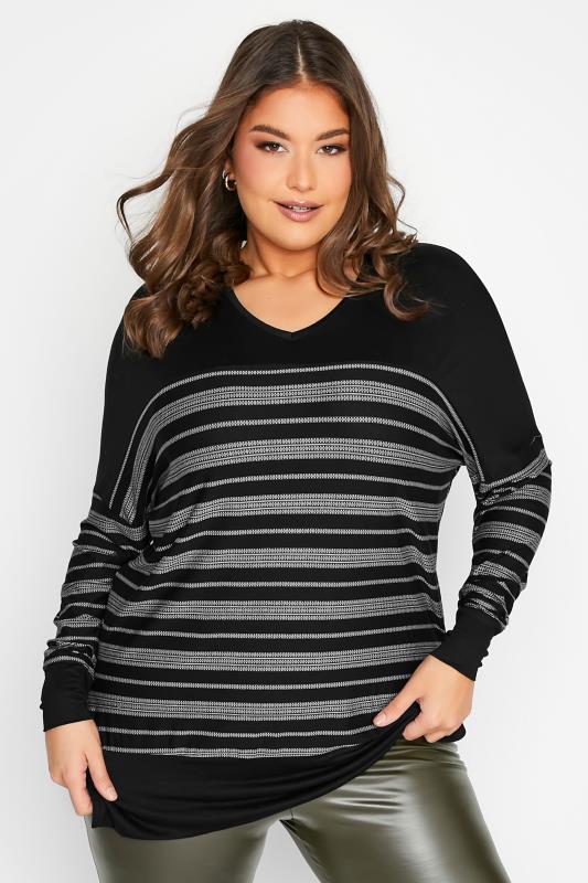 Plus Size Black Stripe Print Long Sleeve Jumper | Yours Clothing 1