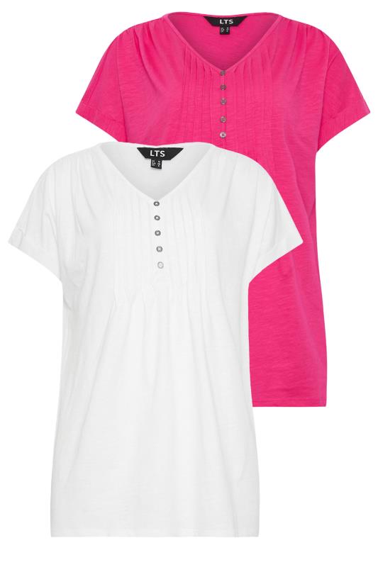 LTS 2 PACK Tall Women's Bright Pink & White Cotton Henley T-Shirts | Long Tall Sally 7