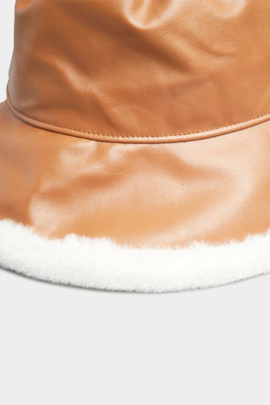 Tan Brown Faux Leather Fur Trim Bucket Hat 3