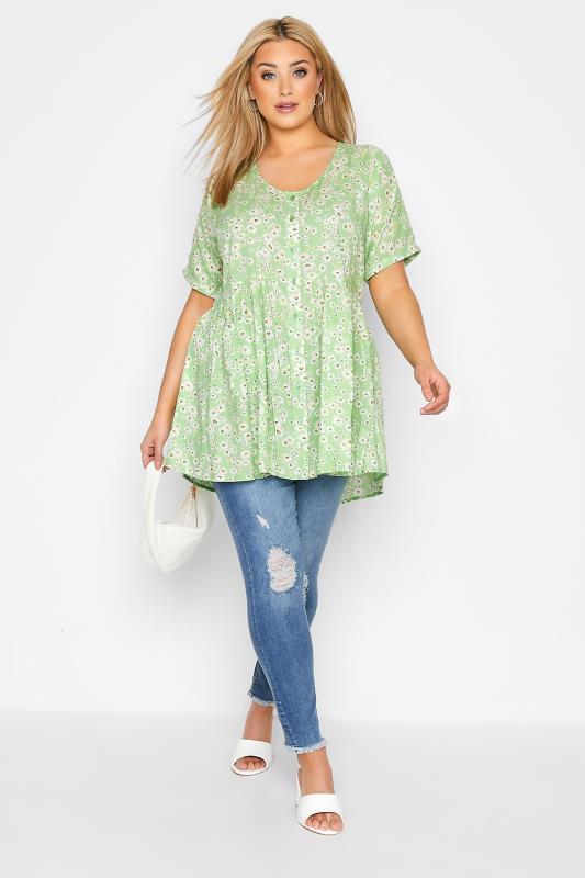 Plus Size Green Daisy Print Drop Pocket Peplum Top | Yours Clothing  2